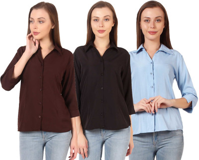 HEAVENS CREATIONS Women Solid Formal Blue Shirt(Pack of 3)