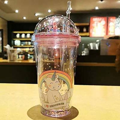 Taufa Villa Unicorn Glitter Sipper Water Bottle with Straw for Girls Kids 400 ml Sipper