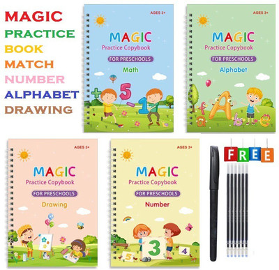 ZURU BUNCH 4PCS Kids Magic Sank Practice Copybook Set English Reusable Sank Magic Calligraphy Tracing Book For Handwriting Magical Letter Writing Book(Hardcover, China)
