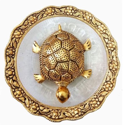 PAYSTORE Metal Tortoise On Glass Plate For Good Luck | Kachua Plate | Tortoise Plate Decorative Showpiece  -  10 cm(Brass, Glass, Gold)
