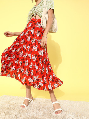 KASSUALLY Floral Print Women Flared Red Skirt