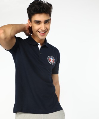 French Connection Solid Men Polo Neck Blue T-Shirt