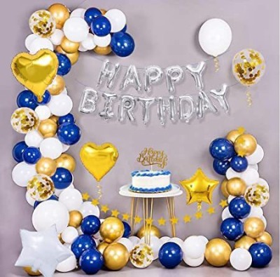 PARTY MIDLINKERZ Printed Blue Happy Birthday Decoration Kit Combo 58pcs Combo Set Banner,Heart, Metallic Balloon(Silver, Pack of 58)