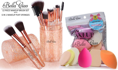 Bella Ciao 12 Pcs Shiny Face & Eye Makeup Brush Set With Box + 6in1 Makeup Sponge Puff Pack(Pack of 18)