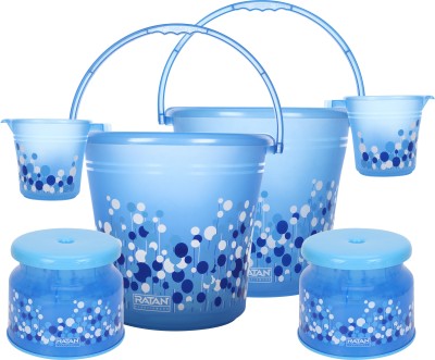 RATAN Frosty Bubble Print Blue Pack of 6 Bathroom Set (Bucket, Mug, Stool) 18 L Plastic Bucket(Blue)