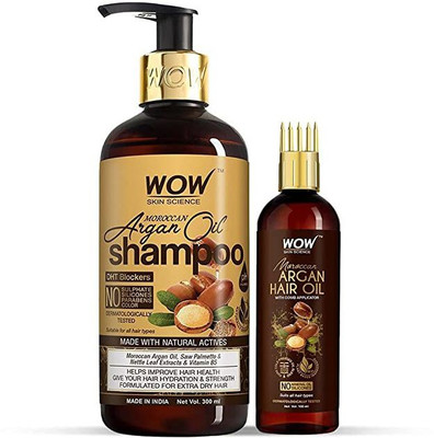 WOW SKIN SCIENCE Moroccan Argan Oil Shampoo + Moroccan Argan Hair Oil with Comb Applicator – Net Vol 400mL (2 Items in the set)