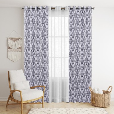 HOMEMONDE 213 cm (7 ft) Cotton Semi Transparent Door Curtain (Pack Of 3)(Printed, Grey & White)