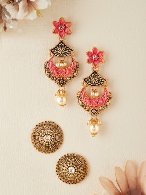 RUBANS Rubans Gold Plated Stone Studded Pearl Hanging Jhumka & Stud Earrings Set of 2. Alloy Chandbali Earring