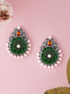 RUBANS Rubans Silver Toned Orange Stone and Green Enamel Pearl Studs Alloy Stud Earring