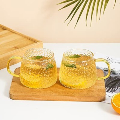 MAMBAS Golden Handle Glass Tea mug Lemon Tea Cup Multi-Purpose soup bowl 2 pc Glass Coffee Mug(400 ml, Pack of 2)