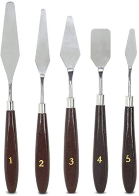 Ochtend Stainless Steel Scraper Spatula Wood Handle Art Supplies for Artist 5 Paint Wells Palettes(Set of 5, Brown)