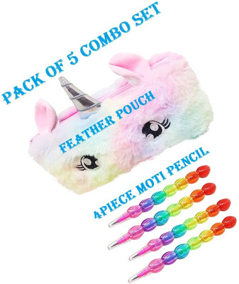 A Little Swag Stationery Combo 1 Piece Feather Unicorn Pouch And 4 Piece Moti Pencil For Kids Combo Set Of 5 Art Polyester Pencil Box(Set of 5, Multicolor)