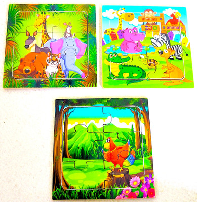 PETERS PENCE Wooden Multi-Color 3 Set of Small Board- ANIMALS PUZZLE FOR KIDS(18 Pieces)