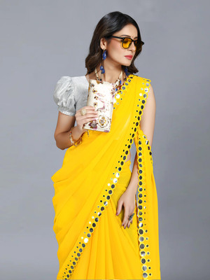 Laddu creation Self Design, Embellished Bollywood Georgette, Silk Blend Saree(Yellow)
