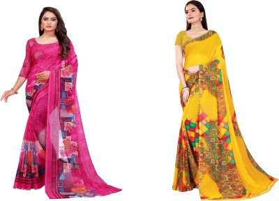 Suntex Floral Print Daily Wear Georgette Saree(Pack of 2, Pink, Yellow)