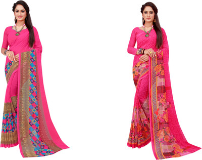 Saadhvi Printed Daily Wear Georgette Saree(Pack of 2, Blue)