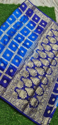 MINE CHOICE Self Design, Printed, Checkered Banarasi Silk Blend, Jacquard Saree(Blue)