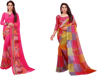 Suntex Floral Print Daily Wear Georgette Saree(Pack of 2, Beige)