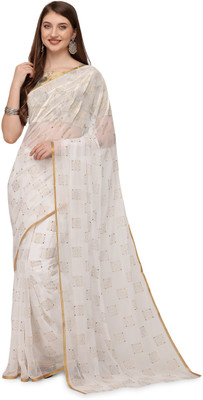 REDFISH Printed Daily Wear Chiffon Saree(White)