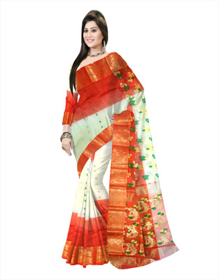 Pradip Fabrics Woven Tant Silk Blend Saree(White, Orange)