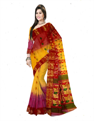 Pradip Fabrics Woven Tant Silk Blend Saree(Red, Yellow)