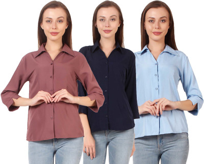 HEAVENS CREATIONS Women Solid Formal White Shirt(Pack of 3)