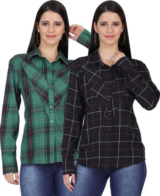 WTF Women Checkered Casual Green, Black Shirt(Pack of 2)