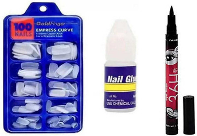 Trendy Trotters 36H Long lasting eyeliner & False Nails For Women's & Girls White (Pack of 100)(3 Items in the set)