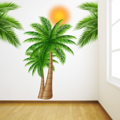 DivineDesigns 61 cm Coconut Tree and Sun Self Adhesive Sticker(Pack of 1)