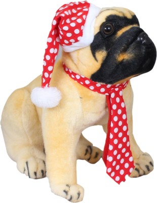 Tickles Soft Stuffed Plush Animal Pug Dog With Santa Cap and Muffler Christmas Toy For Kids Room Home Decorations  - 36 cm(Brown)