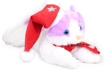 Tickles Cute Cat Wearing Christmas Hat and Muffler Animal Soft Stuffed Plush Toy for Kids  - 30 cm(White and Purple)