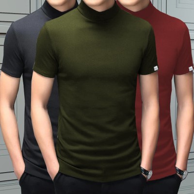 LIME Solid Men High Neck Dark Green, Maroon, Black T-Shirt