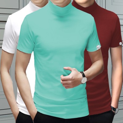 LIME Solid Men High Neck White, Maroon, Light Green T-Shirt