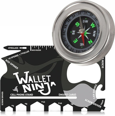 DSTECHBAR Magnetic Compass Stainless Steel with Ninja 18 in 1 Pocket Card Tool (Combo) Camping & Hiking Survival Tool