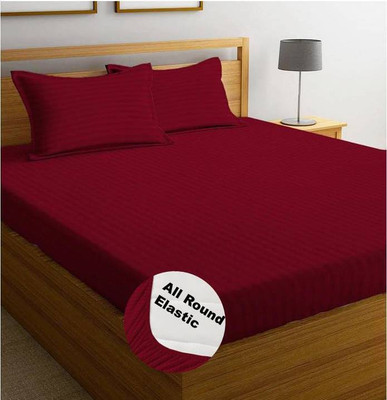 Luxury Trends 220 TC Cotton King Striped Fitted (Elastic) Bedsheet(Pack of 1, Maroon)