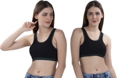 FEMULA Stretch Cotton Black Sports Vest Bra for Girls & Women Women Everyday Non Padded Bra(Dark Green, Black)