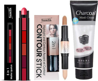 SumSh Highlighter and Contour Stick Concealer, 5 in 1 Lipstick (RED Edition) 7.5gm, Charcoal Face Mask(3 Items in the set)
