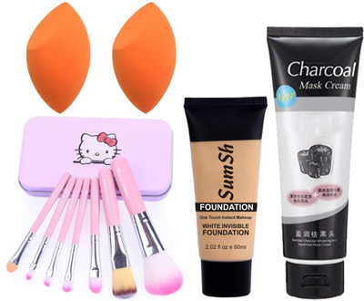 SumSh Mini Pink Makeup Brush Set (Pack of 7), Foundation, Charcoal Face Mask, 2 Blender Spounge(5 Items in the set)