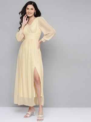 SASSAFRAS Women Fit and Flare Beige Maxi/Full Length Dress