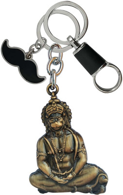 SHOKY LOOKS Double Side Hanuman Ji With Mustache Along With Balck Hanging Lock Key Chain