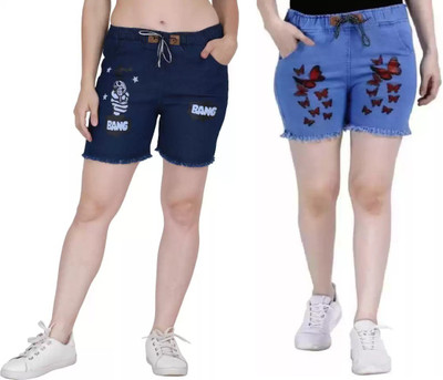 GLAMHOOD Short For Girls Casual Printed Denim(Blue, Pack of 2)