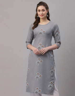 Samah Women Printed, Embellished Straight Kurta(Grey)