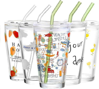 YAKINAM Mug with Straw and lid Coffee Cup Sipper Glass with Straw Glass Coffee Mug(400 ml)