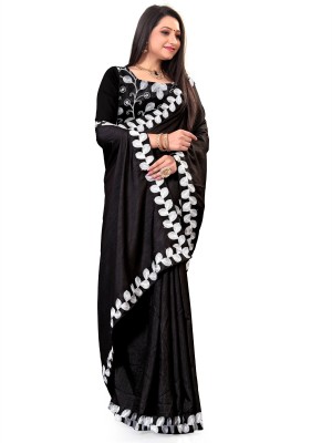 AAMONASTHA Embroidered, Solid/Plain Bollywood Silk Blend, Art Silk Saree(Black)