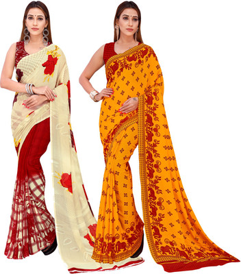 Anand Sarees Floral Print Bollywood Georgette Saree(Pack of 2, Multicolor, Pink, Cream)
