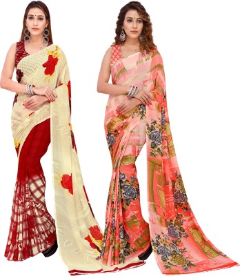 Anand Sarees Floral Print Bollywood Georgette Saree(Pack of 2, Multicolor, Pink, Cream)