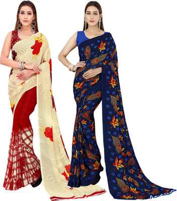 Anand Sarees Floral Print Bollywood Georgette Saree(Pack of 2, Multicolor, Pink, Cream)