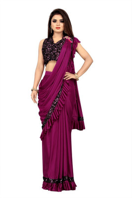 Arham Creation Solid/Plain Bollywood Lycra Blend Saree(Purple)