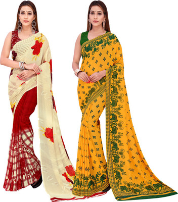 Anand Sarees Floral Print Bollywood Georgette Saree(Pack of 2, Multicolor, Pink, Cream)