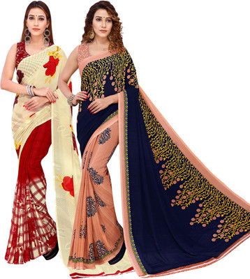Anand Sarees Floral Print Bollywood Georgette Saree(Pack of 2, Multicolor, Pink, Cream)